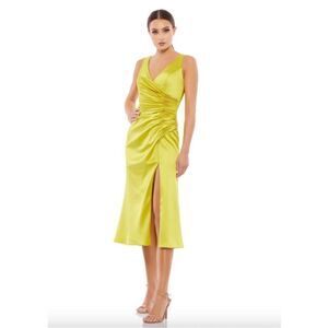 MAC DUGGAL Chartreuse Satin Faux Wrap Dress size 8 NWT